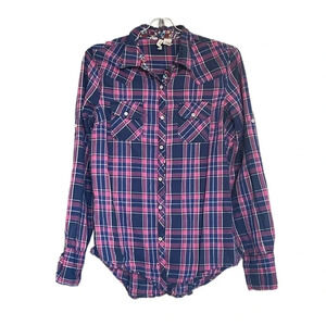 Red Camel Plaid Navy and Pink Button Down Long Sleeve Shirt Junior’s Large